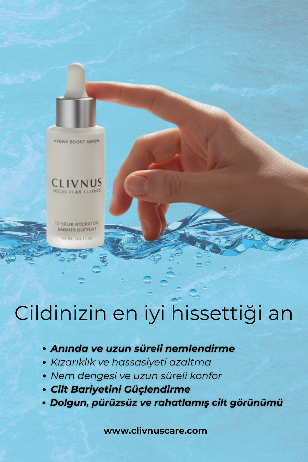 Clivnus Hydra Boost Hyaluronik Asit Serum 72 saat Derin Nemlendirici ve Bariyer Güçlendirici 30 ml